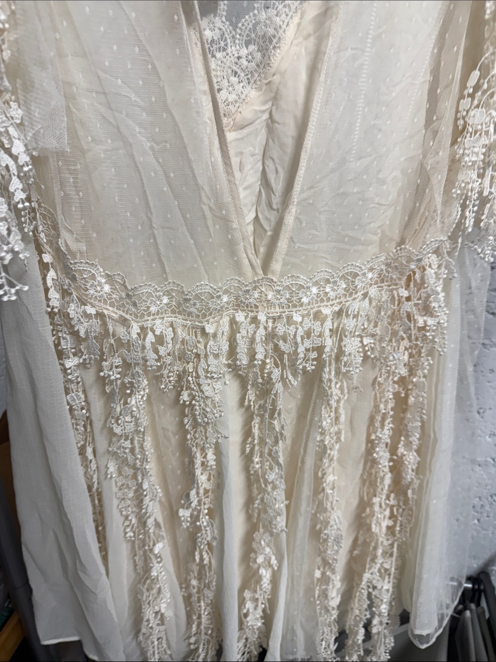 Free People Ivory Lace Fringe V-Neck Sheer Dress NWT - Size Large - Picture 3 of 6